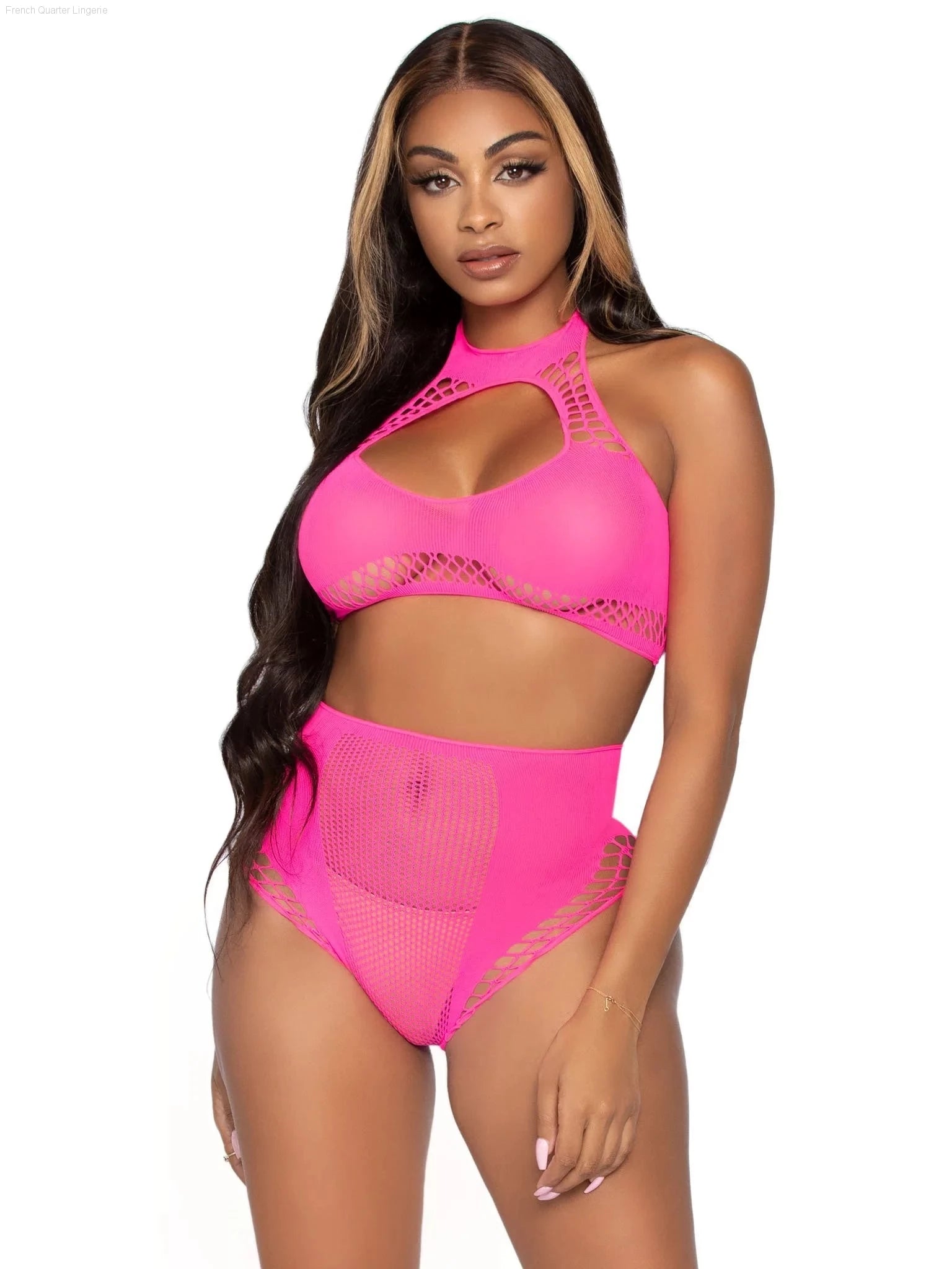 2 Piece Net Crop Top and High Waist Bottoms-French Quarter Lingerie 2 Piece Net Crop Top and High Waist Bottoms-French Quarter Lingerie