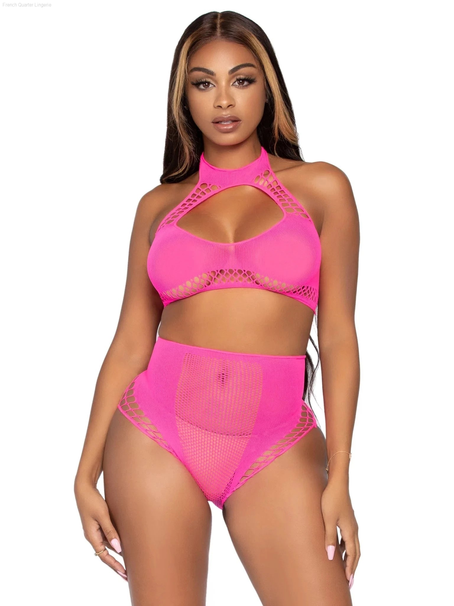 2 Piece Net Crop Top and High Waist Bottoms-French Quarter Lingerie 2 Piece Net Crop Top and High Waist Bottoms-French Quarter Lingerie
