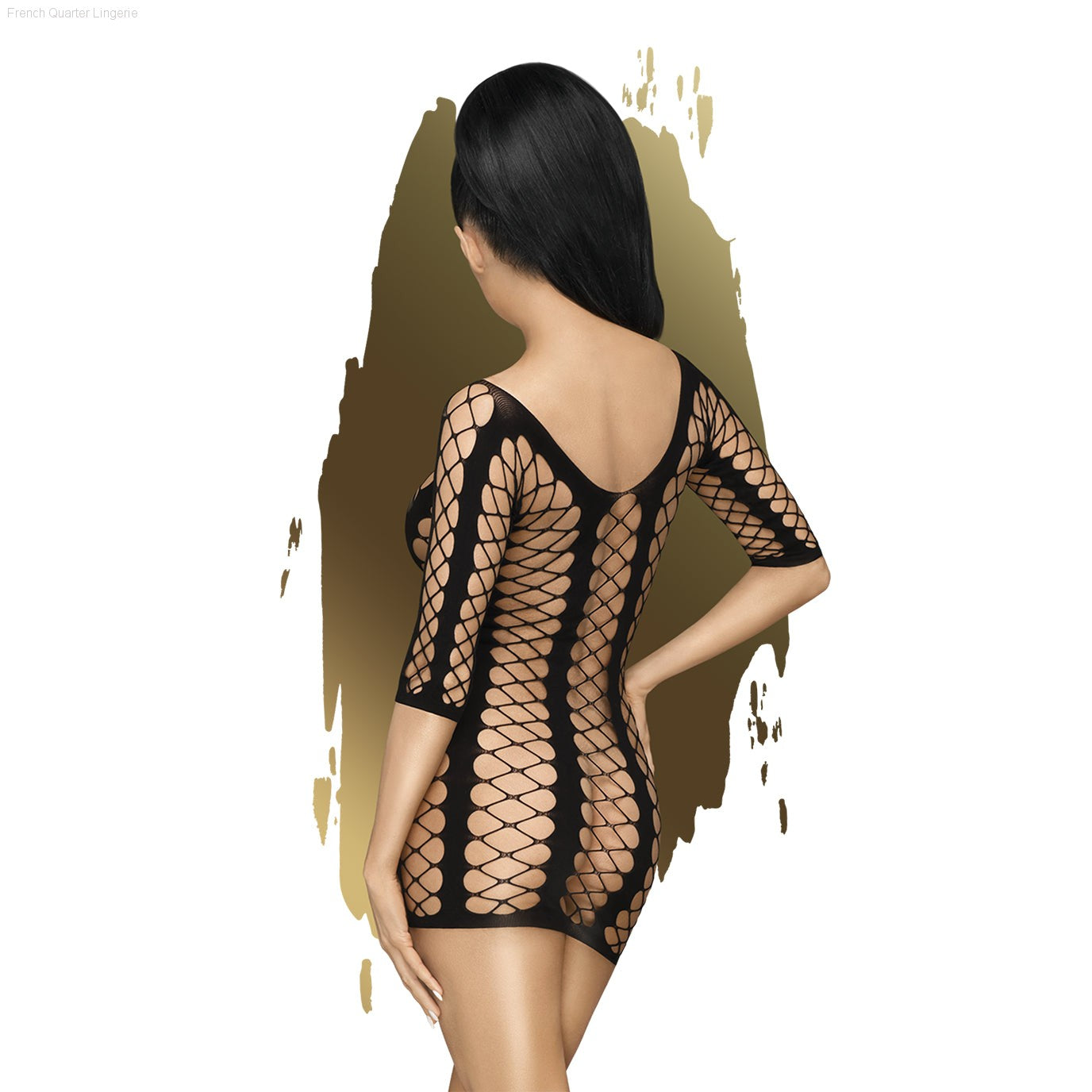 Bedtime Surprise - Coarse Meshed Criss Cross Mini Dress With 3/4 Sleeves Bedtime Surprise - Coarse Meshed Criss Cross Mini Dress With 3/4 Sleeves