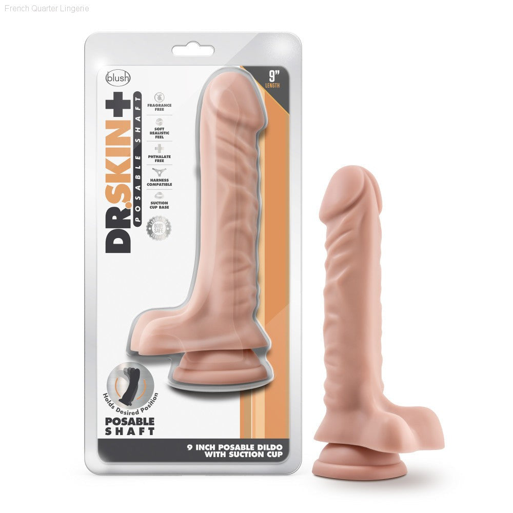 Dr. Skin Plus By Blush® | Realistic 9-Inch Long Soft Yet Erect & Posable Dildo With Balls & Suction Cup Base-French Quarter Lingerie Dr. Skin Plus By Blush® | Realistic 9-Inch Long Soft Yet Erect & Posable Dildo With Balls & Suction Cup Base-French Quarter Lingerie