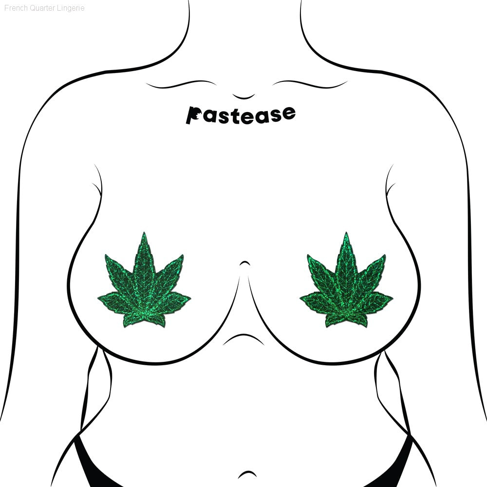 Indica Pot Leaf: Glitter Green Weed Nipple Pasties By Pastease® Indica Pot Leaf: Glitter Green Weed Nipple Pasties By Pastease®