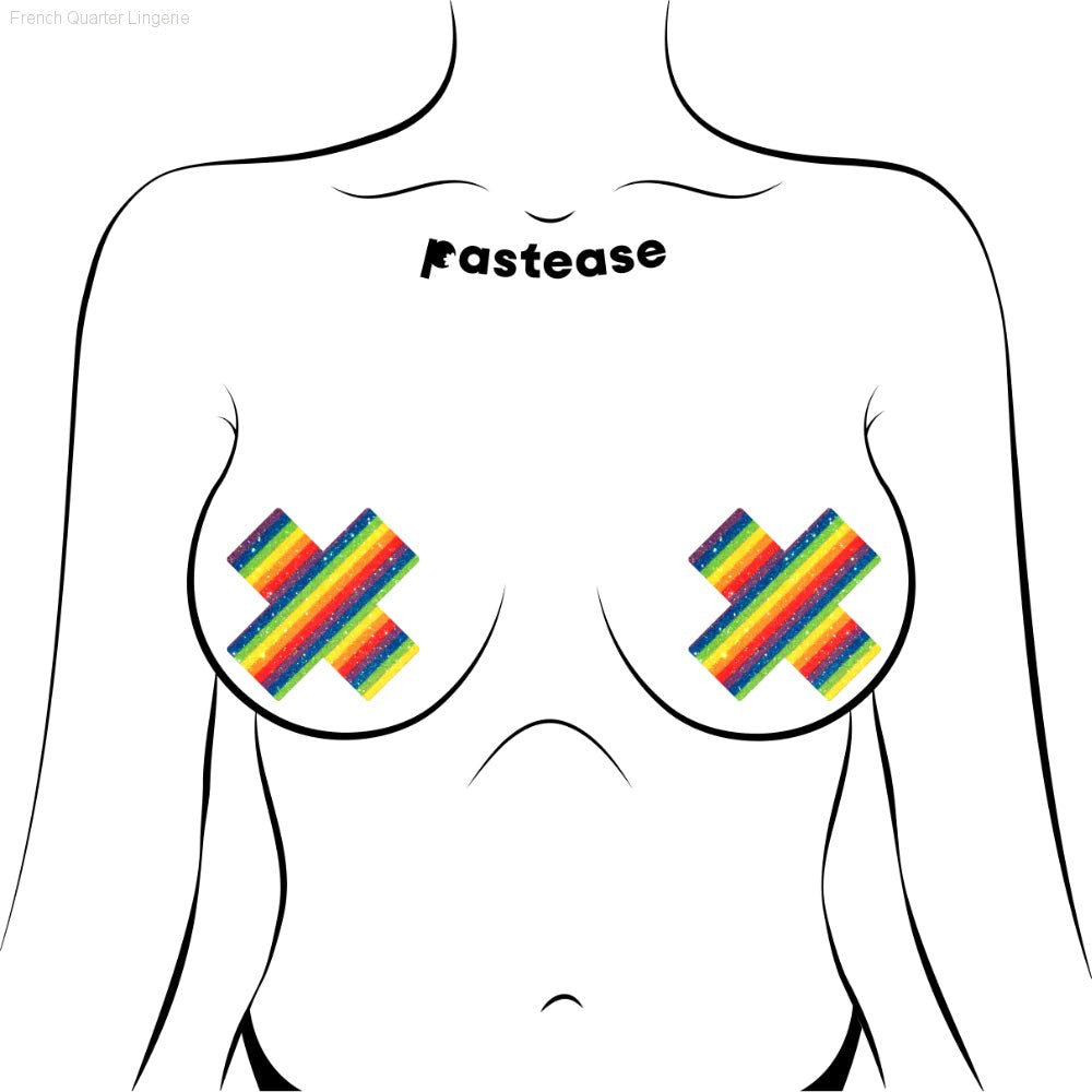 Plus X: Glittering Rainbow Cross Nipple Pasties By Pastease® Plus X: Glittering Rainbow Cross Nipple Pasties By Pastease®