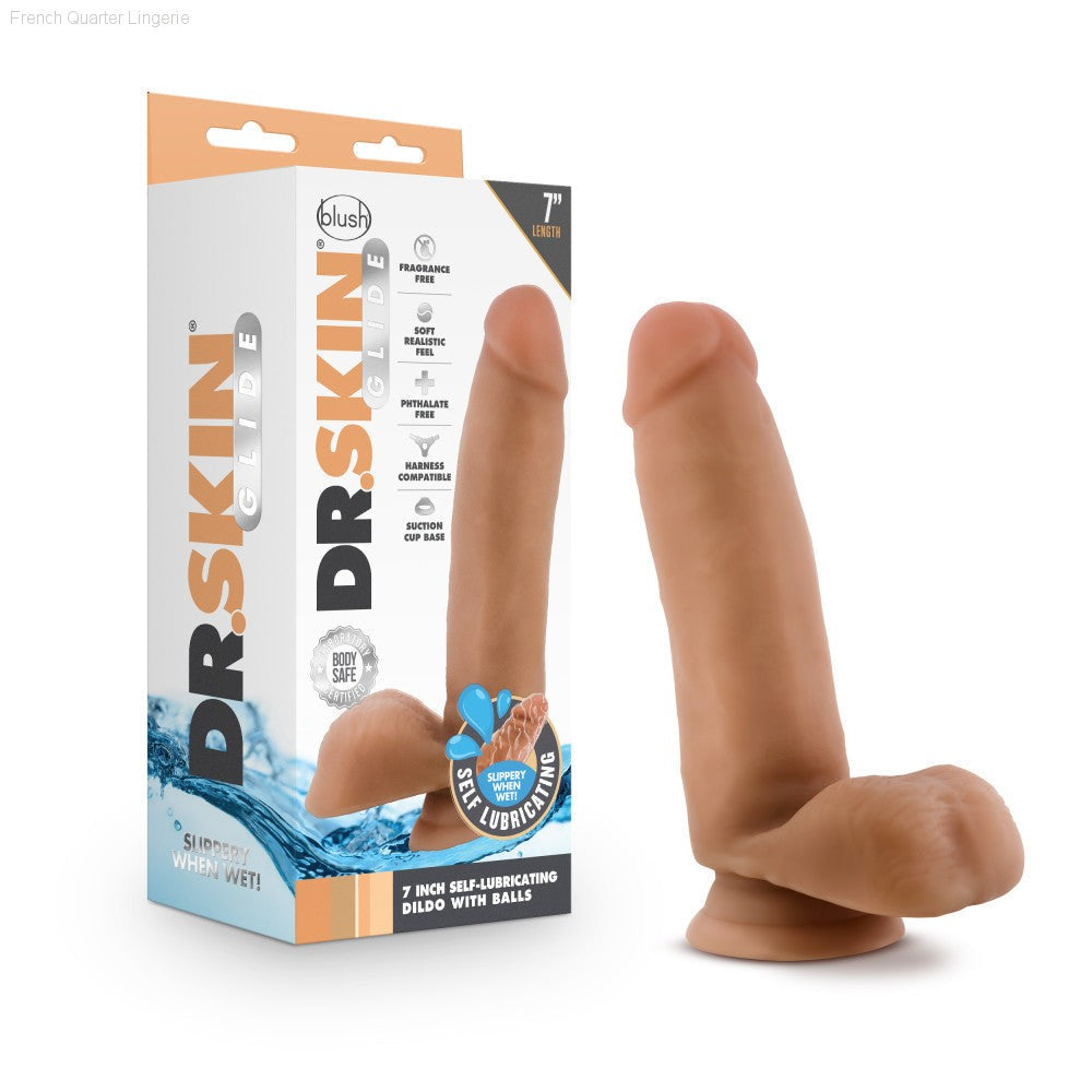 Dr. Skin Glide By Blush® | Realistic 7-Inch Long Self-Lubricating Dildo With Balls & Suction Cup Base-French Quarter Lingerie Dr. Skin Glide By Blush® | Realistic 7-Inch Long Self-Lubricating Dildo With Balls & Suction Cup Base-French Quarter Lingerie