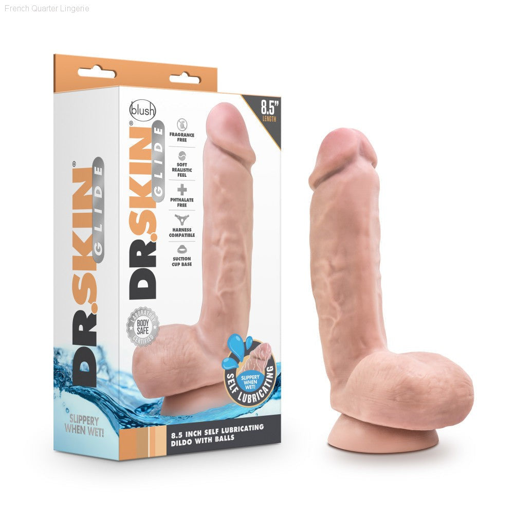 Dr. Skin Glide By Blush® | Realistic 8.5-Inch Long Self-Lubricating Dildo With Balls & Suction Cup Base-French Quarter Lingerie Dr. Skin Glide By Blush® | Realistic 8.5-Inch Long Self-Lubricating Dildo With Balls & Suction Cup Base-French Quarter Lingerie