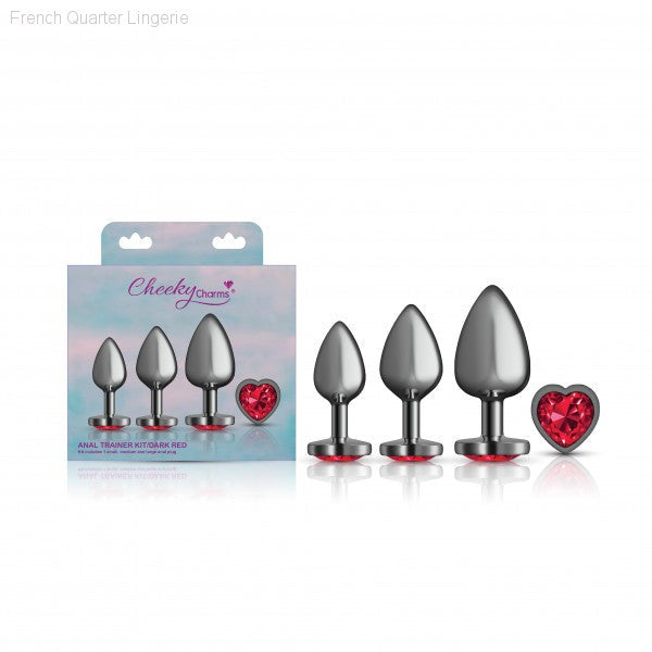 Cheeky Charms - Metal Butt Plug Gunmetal - Heart Dark Red - Anal Trainer Kit-French Quarter Lingerie Cheeky Charms - Metal Butt Plug Gunmetal - Heart Dark Red - Anal Trainer Kit-French Quarter Lingerie