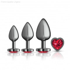 Cheeky Charms - Metal Butt Plug Gunmetal - Heart Dark Red - Anal Trainer Kit-French Quarter Lingerie Cheeky Charms - Metal Butt Plug Gunmetal - Heart Dark Red - Anal Trainer Kit-French Quarter Lingerie