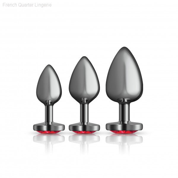 Cheeky Charms - Metal Butt Plug Gunmetal - Heart Dark Red - Anal Trainer Kit-French Quarter Lingerie Cheeky Charms - Metal Butt Plug Gunmetal - Heart Dark Red - Anal Trainer Kit-French Quarter Lingerie