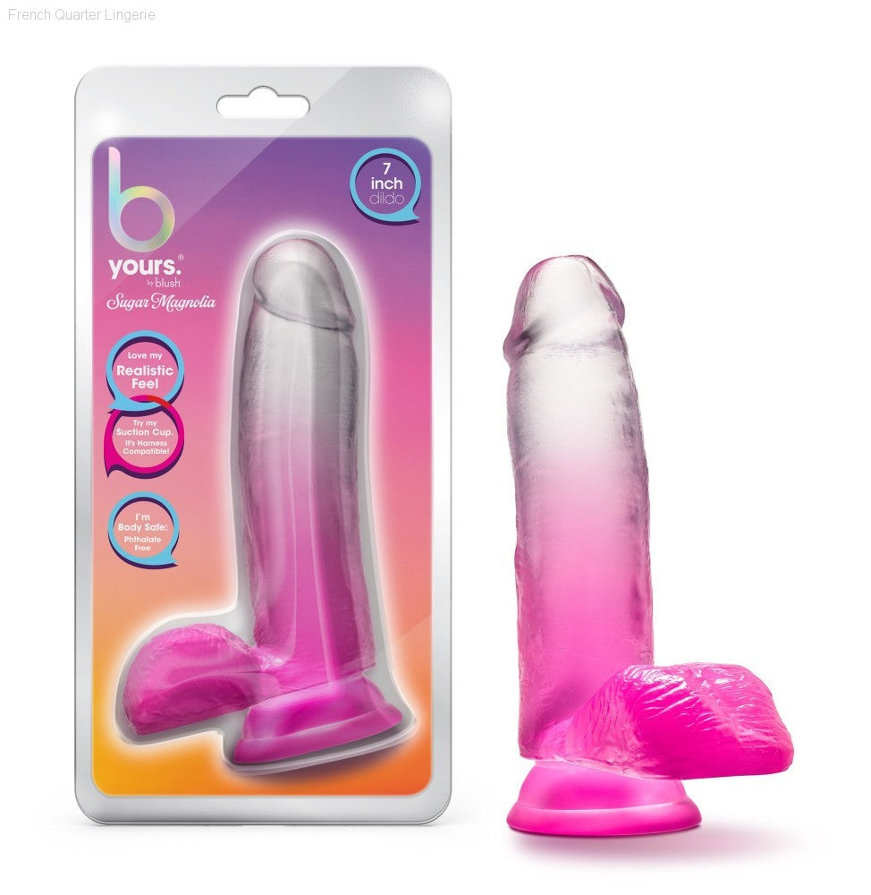 B Yours By Blush® | Sugar Magnolia Realistic Fuchsia 6.75-Inch Long Dildo With Balls & Suction Cup Base-French Quarter Lingerie B Yours By Blush® | Sugar Magnolia Realistic Fuchsia 6.75-Inch Long Dildo With Balls & Suction Cup Base-French Quarter Lingerie