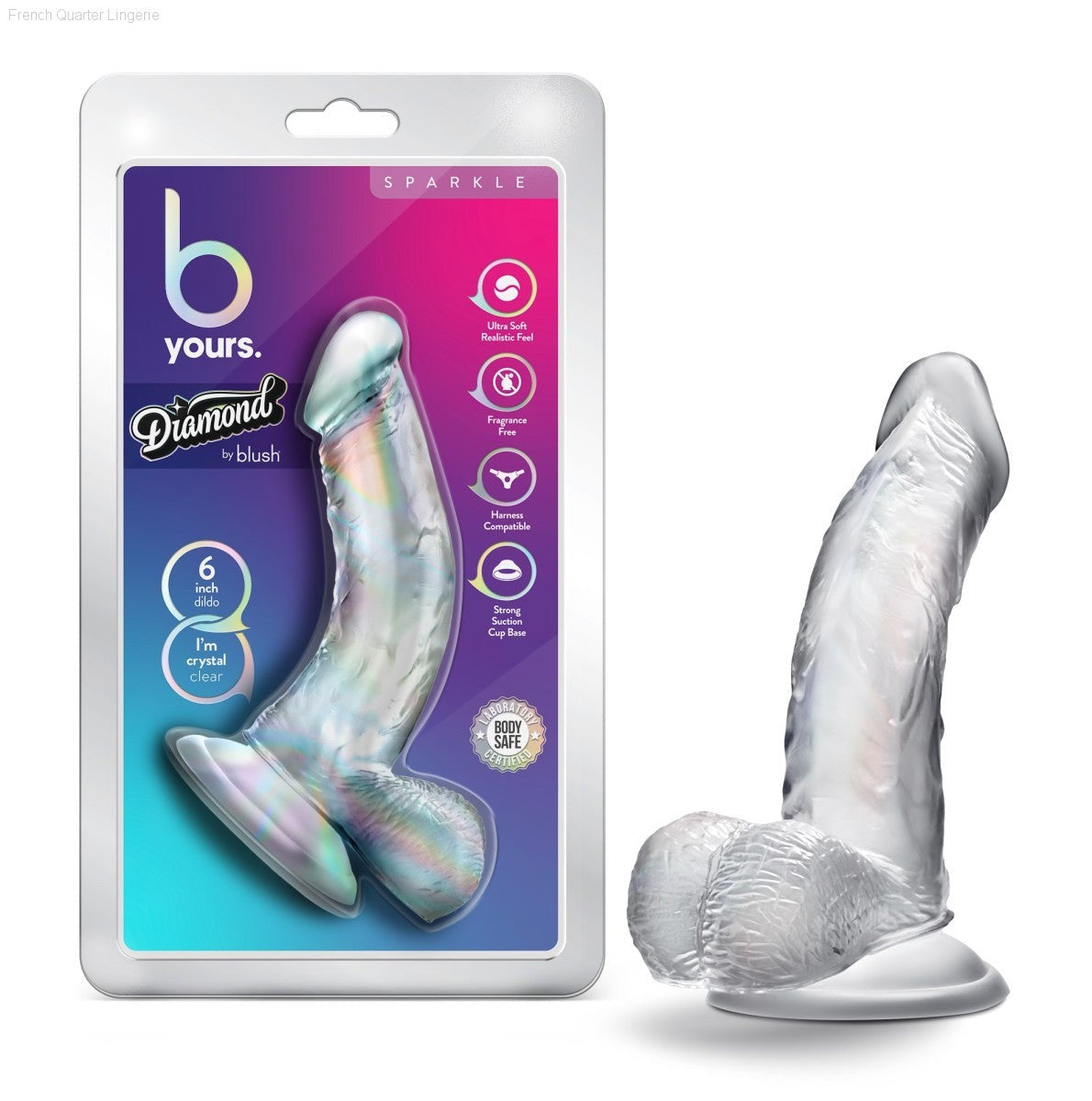 B Yours Diamond By Blush® | Sparkle Realistic G-Spot Clear 6.5-Inch Long Dildo With Balls & Suction Cup Base-French Quarter Lingerie B Yours Diamond By Blush® | Sparkle Realistic G-Spot Clear 6.5-Inch Long Dildo With Balls & Suction Cup Base-French Quarter Lingerie