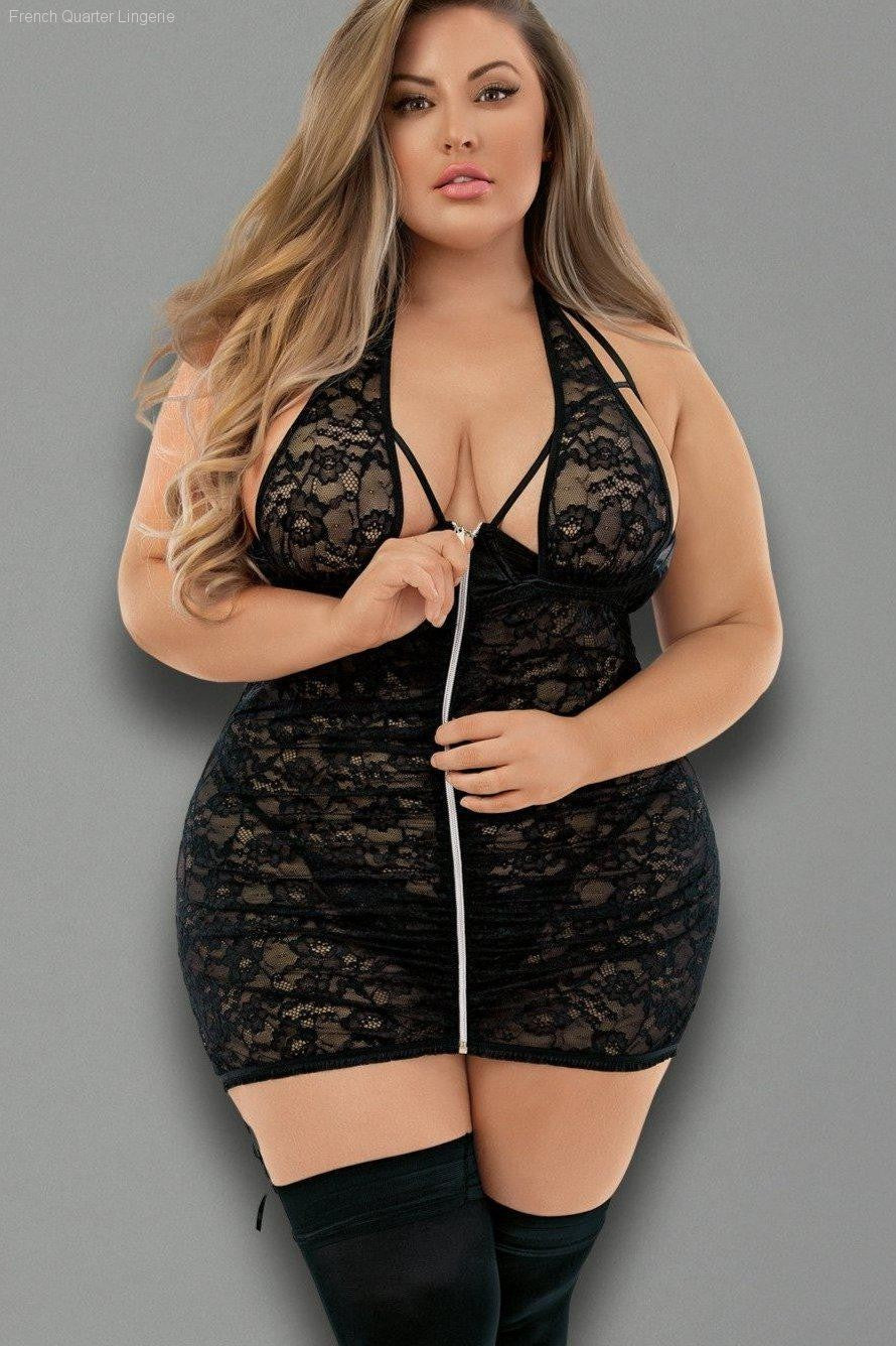 Halter Zip Front Chemise W/ Garters, G-String & Hose Halter Zip Front Chemise W/ Garters, G-String & Hose