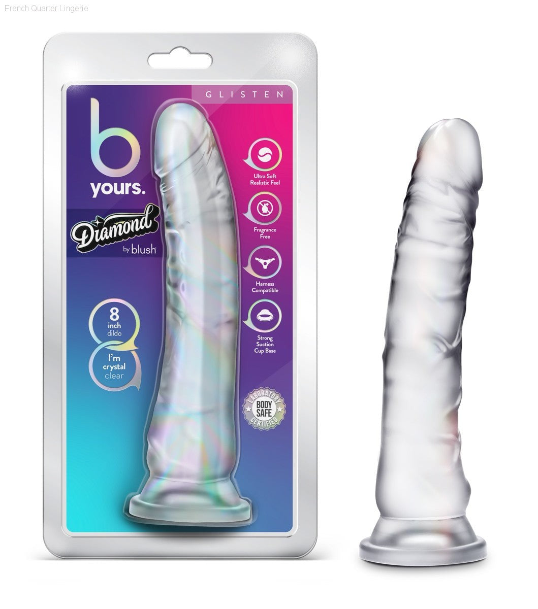 B Yours Diamond By Blush® | Glisten Realistic G-Spot Clear 8.75-Inch Long Dildo With Suction Cup Base-French Quarter Lingerie B Yours Diamond By Blush® | Glisten Realistic G-Spot Clear 8.75-Inch Long Dildo With Suction Cup Base-French Quarter Lingerie