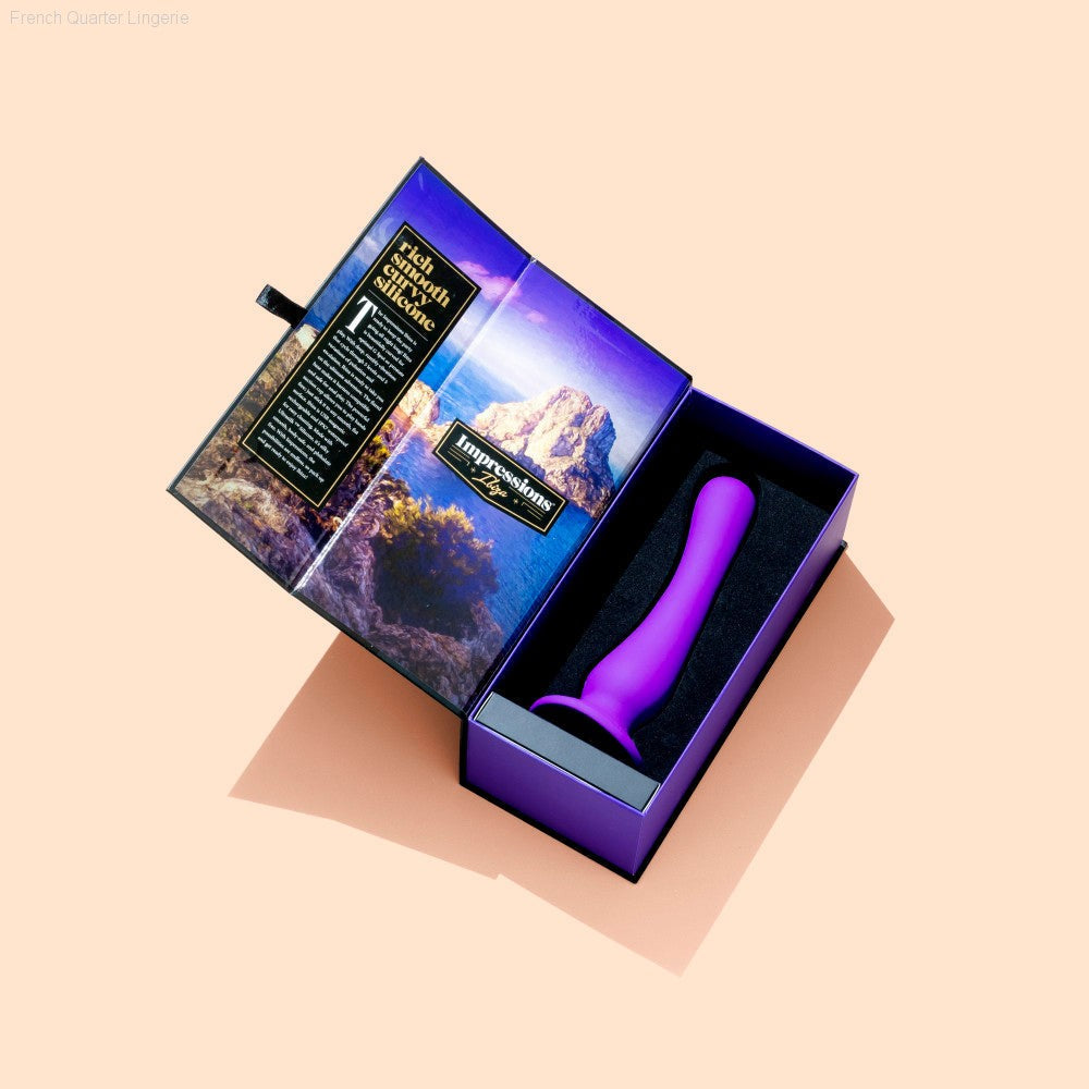 Impressions By Blush® | Ibiza Curved G-Spot Plum 7.75-Inch Long Rechargeable Vibrating Dildo With Suction Cup Base-French Quarter Lingerie Impressions By Blush® | Ibiza Curved G-Spot Plum 7.75-Inch Long Rechargeable Vibrating Dildo With Suction Cup Base-French Quarter Lingerie