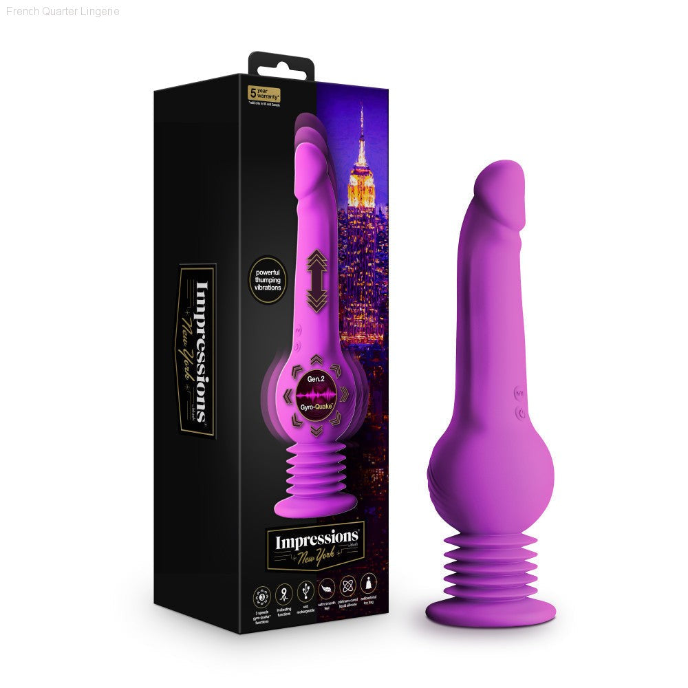 Impressions By Blush® | New York Gyro-Quake™ 9.75 Inch Vibrating & Thumping G Spot Dildo – Platinum Cured Silicone - Purple-French Quarter Lingerie Impressions By Blush® | New York Gyro-Quake™ 9.75 Inch Vibrating & Thumping G Spot Dildo – Platinum Cured Silicone - Purple-French Quarter Lingerie