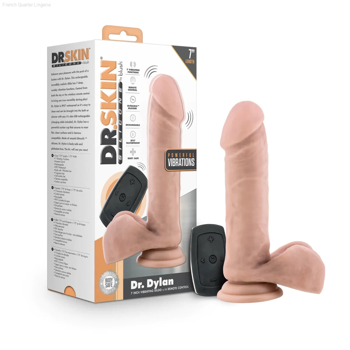 Dr. Skin Silicone Dr. Dylan 7.5-Inch Long Rechargeable Remote Control Vibrating Dildo With Suction Cup Base-French Quarter Lingerie Dr. Skin Silicone Dr. Dylan 7.5-Inch Long Rechargeable Remote Control Vibrating Dildo With Suction Cup Base-French Quarter Lingerie
