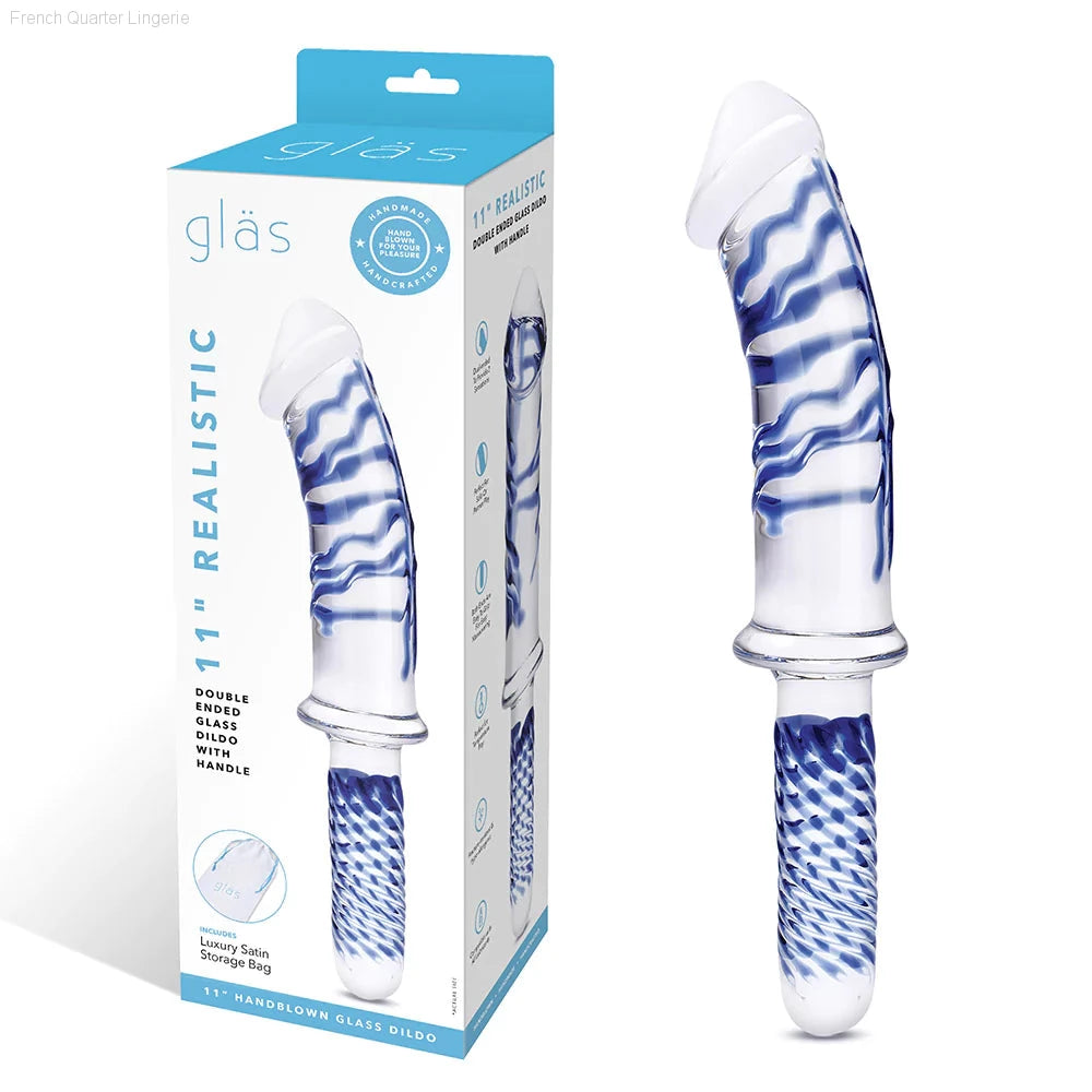 11" Realistic Double Ended Glass Dildo with Handle-French Quarter Lingerie 11" Realistic Double Ended Glass Dildo with Handle-French Quarter Lingerie