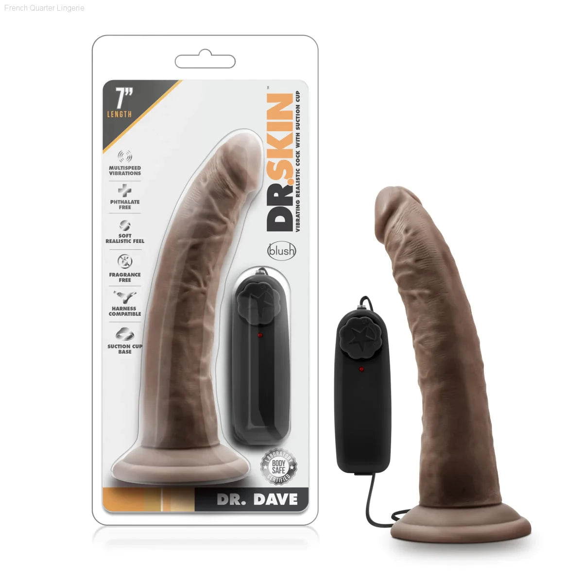Dr. Skin Dr. Dave Realistic 7.5-Inch Long Remote Control Vibrating Dildo With Suction Cup Base-French Quarter Lingerie Dr. Skin Dr. Dave Realistic 7.5-Inch Long Remote Control Vibrating Dildo With Suction Cup Base-French Quarter Lingerie