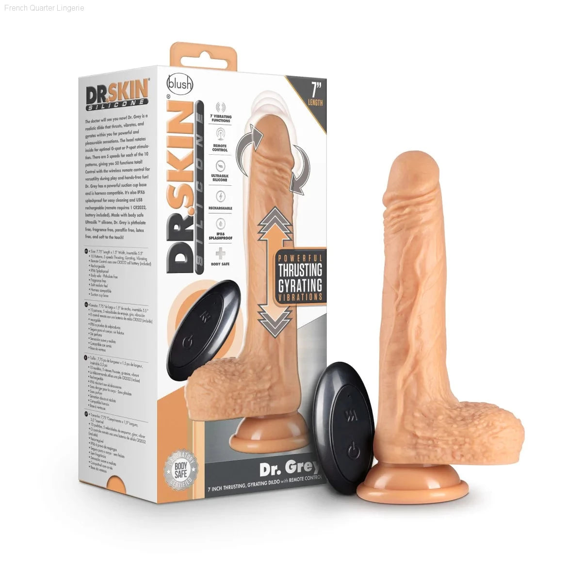 Dr. Skin Silicone Dr. Grey 7.75-Inch Long Rechargeable Thrusting & Vibrating Dildo With Suction Cup Base-French Quarter Lingerie Dr. Skin Silicone Dr. Grey 7.75-Inch Long Rechargeable Thrusting & Vibrating Dildo With Suction Cup Base-French Quarter Lingerie