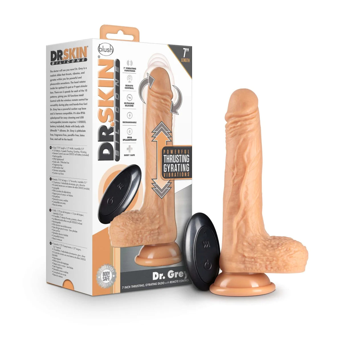 Dr. Skin Silicone Dr. Grey 7.75-Inch Long Rechargeable Thrusting & Vibrating Dildo With Suction Cup Base