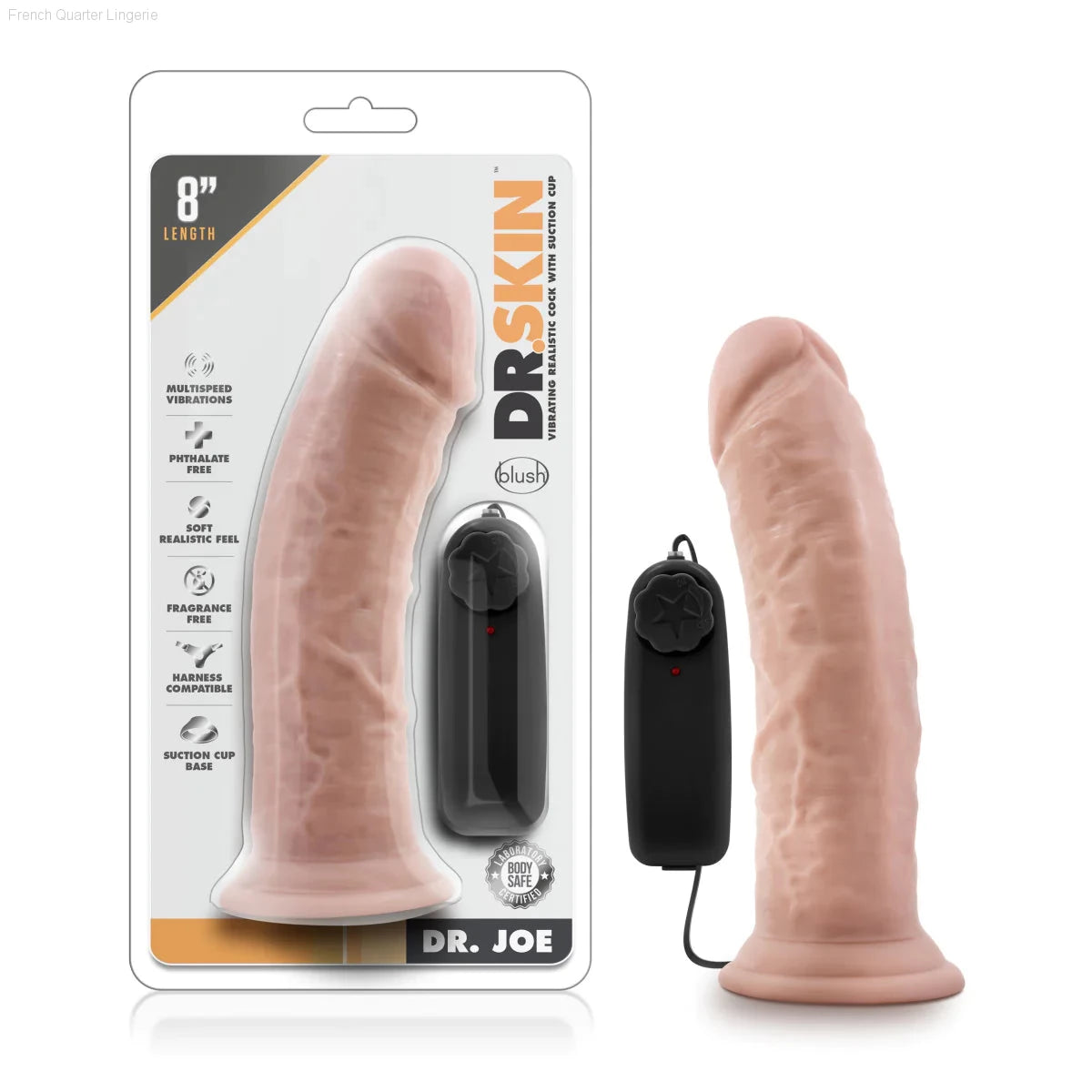 Dr. Skin Dr. Joe Realistic 8.0-Inch Long Remote Control Vibrating Dildo With Suction Cup Base-French Quarter Lingerie Dr. Skin Dr. Joe Realistic 8.0-Inch Long Remote Control Vibrating Dildo With Suction Cup Base-French Quarter Lingerie