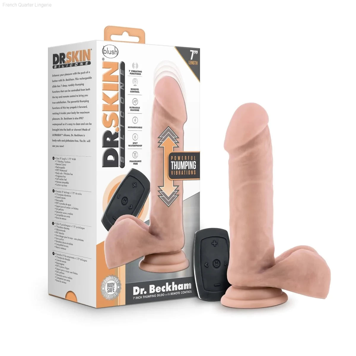 Dr. Skin Silicone Dr. Beckham 7.5-Inch Long Rechargeable Remote Control Vibrating Dildo With Suction Cup Base-French Quarter Lingerie Dr. Skin Silicone Dr. Beckham 7.5-Inch Long Rechargeable Remote Control Vibrating Dildo With Suction Cup Base-French Quarter Lingerie