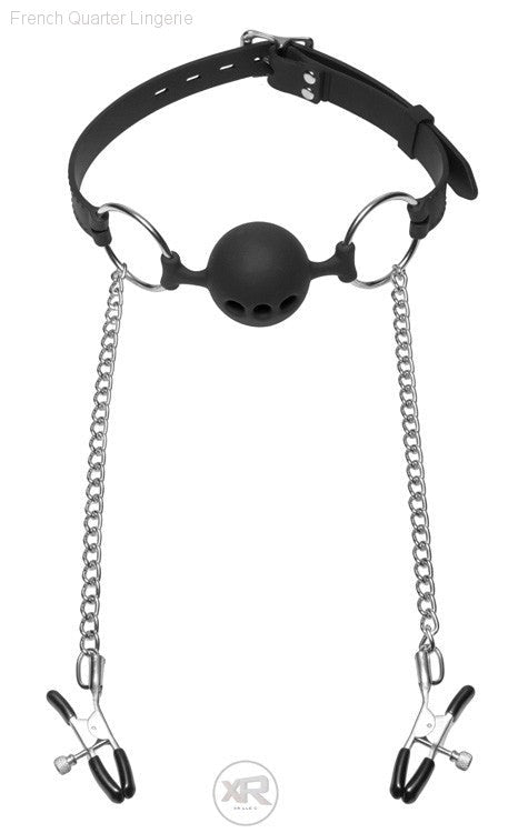 Hinder Breathable Silicone Ball Gag with Nipple Clamps-French Quarter Lingerie Hinder Breathable Silicone Ball Gag with Nipple Clamps-French Quarter Lingerie