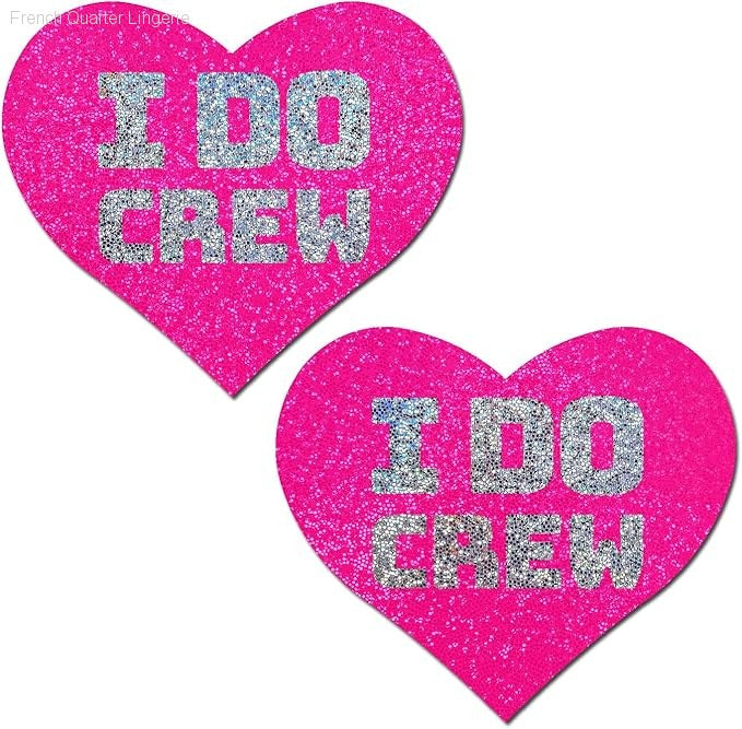 Love: Bridal Pink Glitter Hearts With Silver "I Do Crew" Nipple Pasties