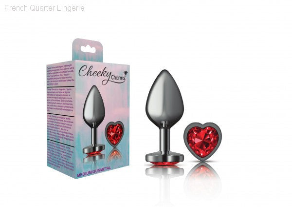 Cheeky Charms - Gunmetal Metal Butt Plug - Heart/Dark Red-French Quarter Lingerie
