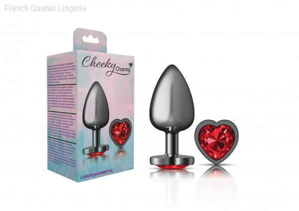 Cheeky Charms - Gunmetal Metal Butt Plug - Heart/Dark Red-French Quarter Lingerie