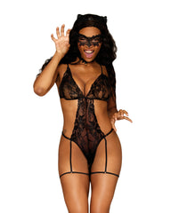 Cat-Themed Lace Garter Teddy Bedroom Costume 4-Piece Set