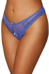 Dot mesh open-crotch thong with stretch lace trim and criss-cross ribbon trim details