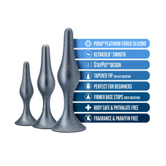 Anal Adventures Matrix | The Genesis Plug Kit: 3 Progressing Smooth Tapered Butt Plug Kit in Stellar Silver | With Stayput™ Technology & AnchorTech™ Base