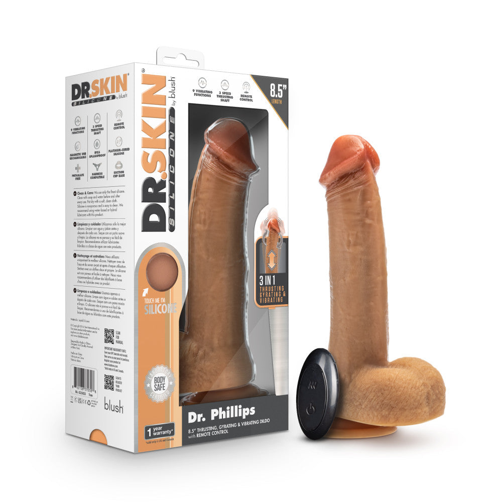 Dr. Skin Silicone By Blush® | Dr. Phillips 9 Inch Vibrating And Thrusting Dildo – Soft Liquid Silicone Realistic Penis With Wireless Remote Control