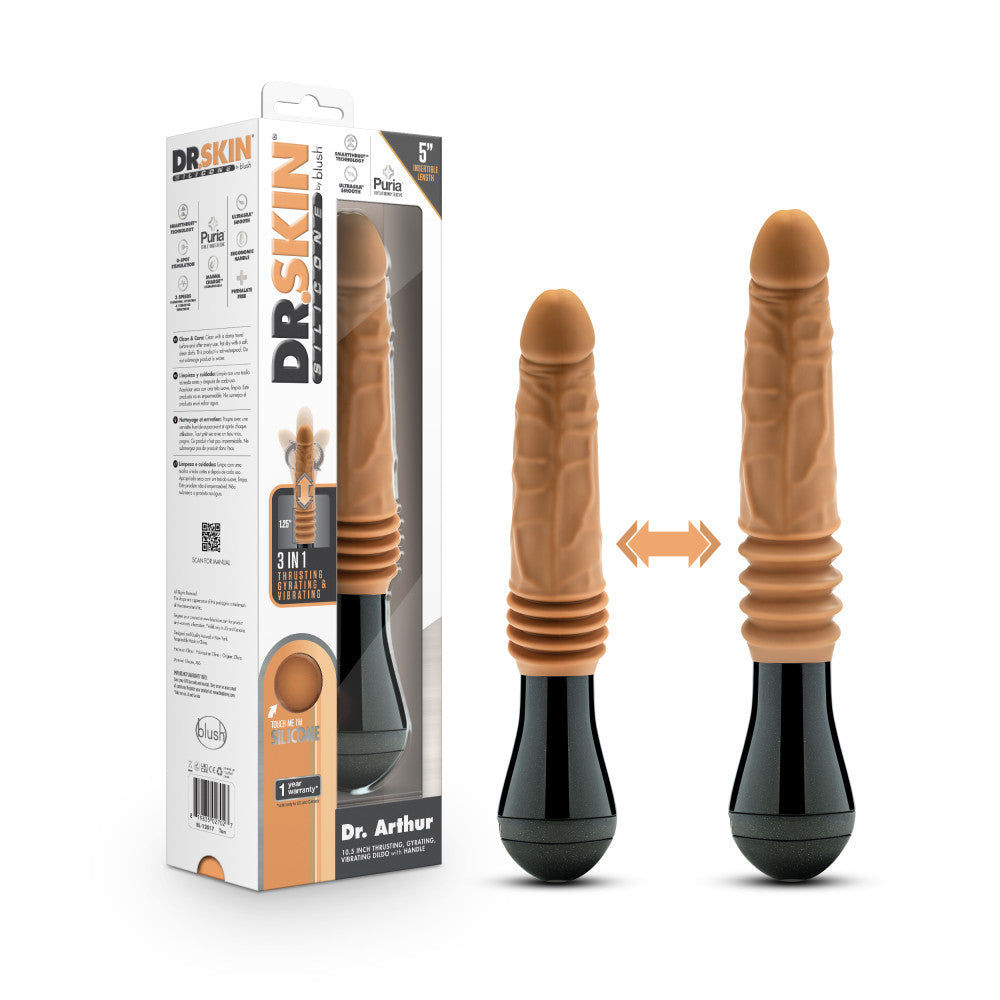 Dr. Skin Silicone By Blush® | Dr. Arthur Large 10.5 Inch Vibrating, Gyrating And Thrusting Dildo in Tan – Made With Puria® Platinum Cured Silicone