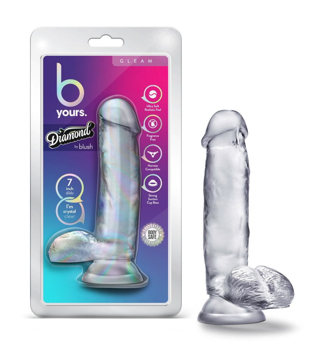 B Yours Diamond By Blush® | Gleam Realistic Clear 7-Inch Long Dildo With Balls & Suction Cup Base