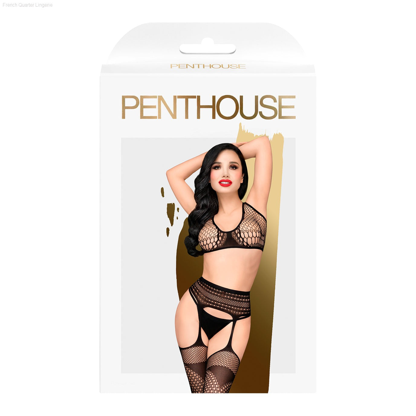 Smoking Gun - Crochet-style Mesh Bustier Set With Suspender Tights