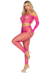 Rhinestone Fishnet Crop Top and Footless Tights