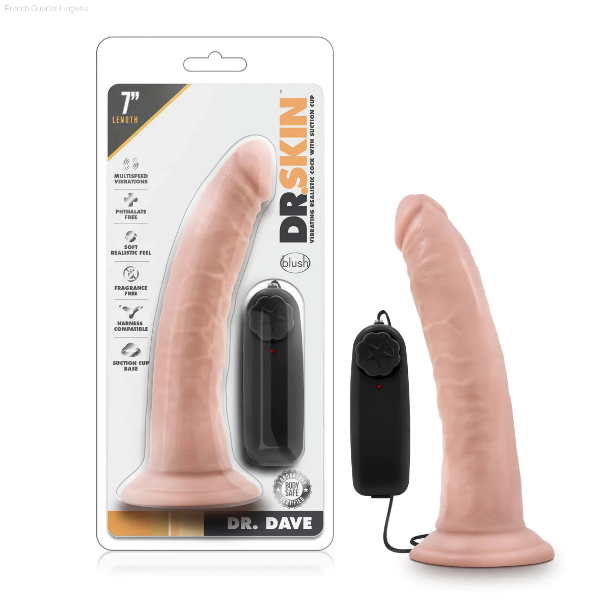 Dr. Skin Dr. Dave Realistic 7.5-Inch Long Remote Control Vibrating Dildo With Suction Cup Base-French Quarter Lingerie