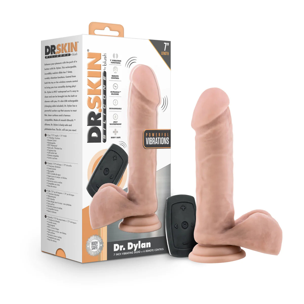Dr. Skin Silicone Dr. Dylan 7.5-Inch Long Rechargeable Remote Control Vibrating Dildo With Suction Cup Base