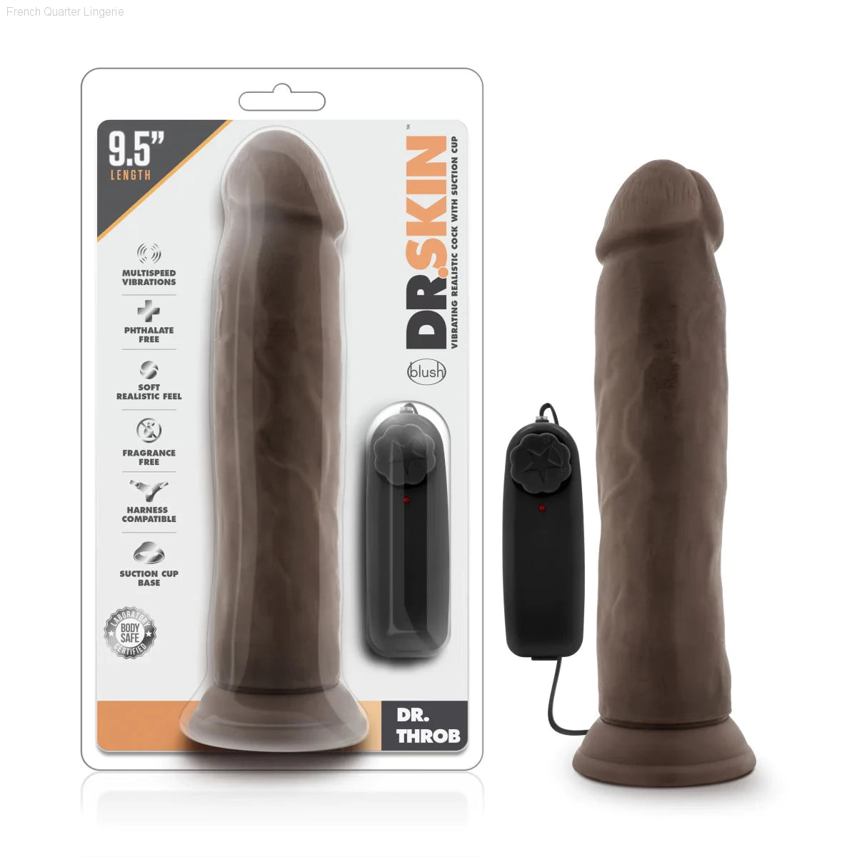 Dr. Skin Dr. Throb Realistic 9.5-Inch Long Remote Control Vibrating Dildo With Suction Cup Base-French Quarter Lingerie