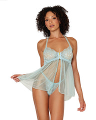 Dreamgirl Stretch Lace and Mesh Babydoll Set with Ruffled Elastic Trims-French Quarter Lingerie