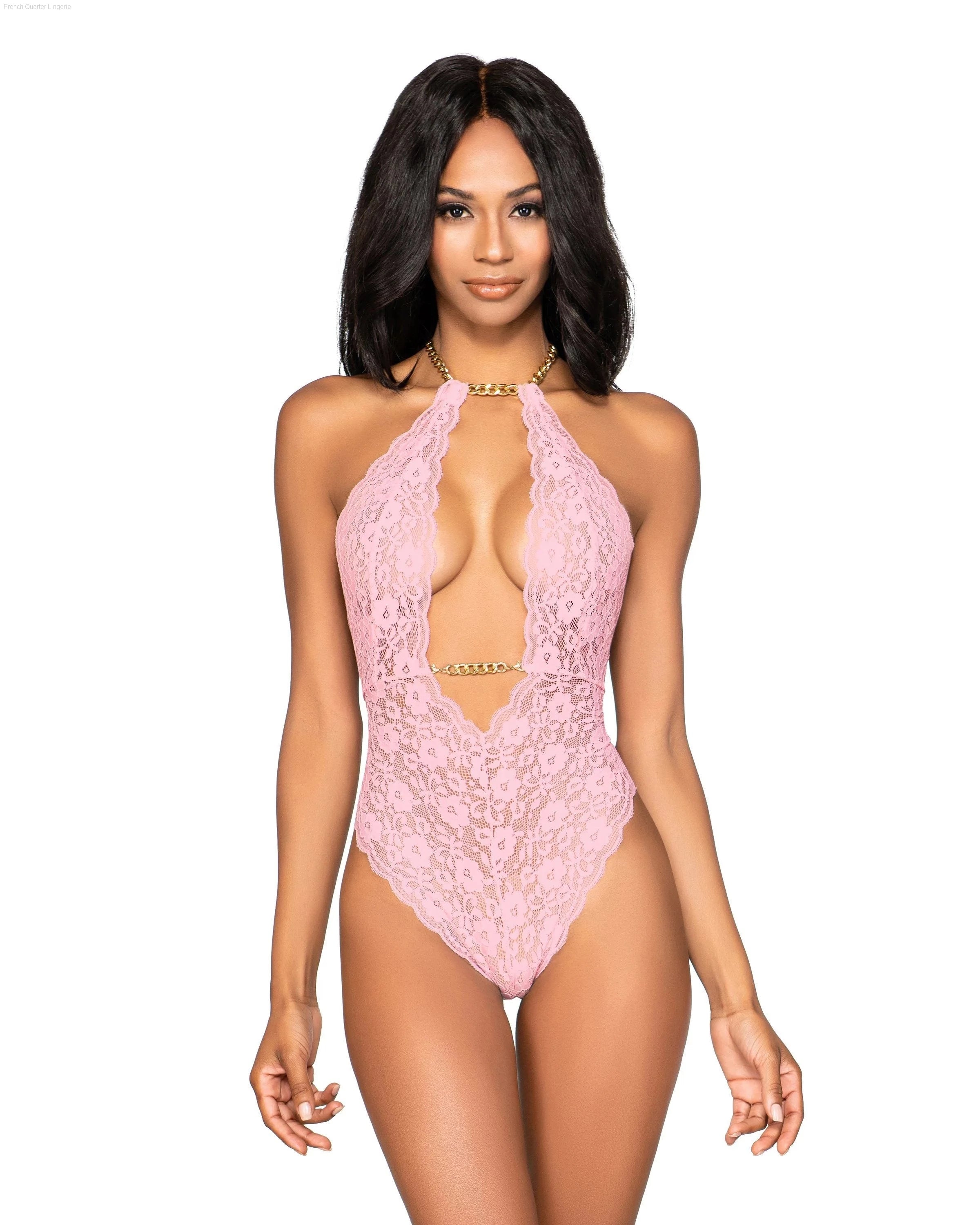 Dreamgirl Stretch Lace Halter Teddy with Chain Accents-French Quarter Lingerie