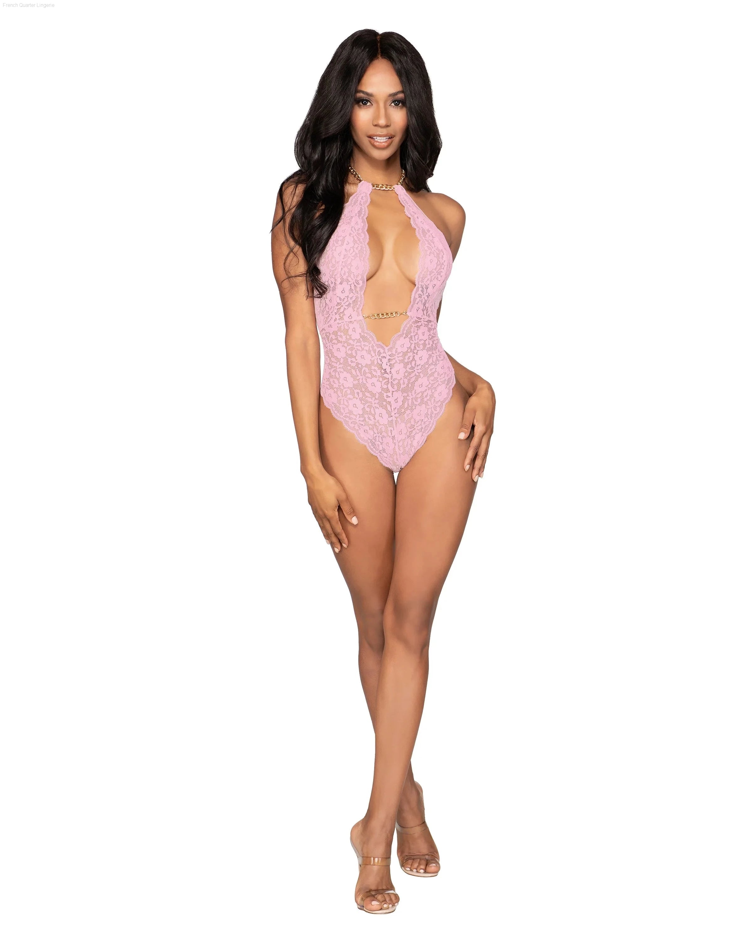 Dreamgirl Stretch Lace Halter Teddy with Chain Accents-French Quarter Lingerie