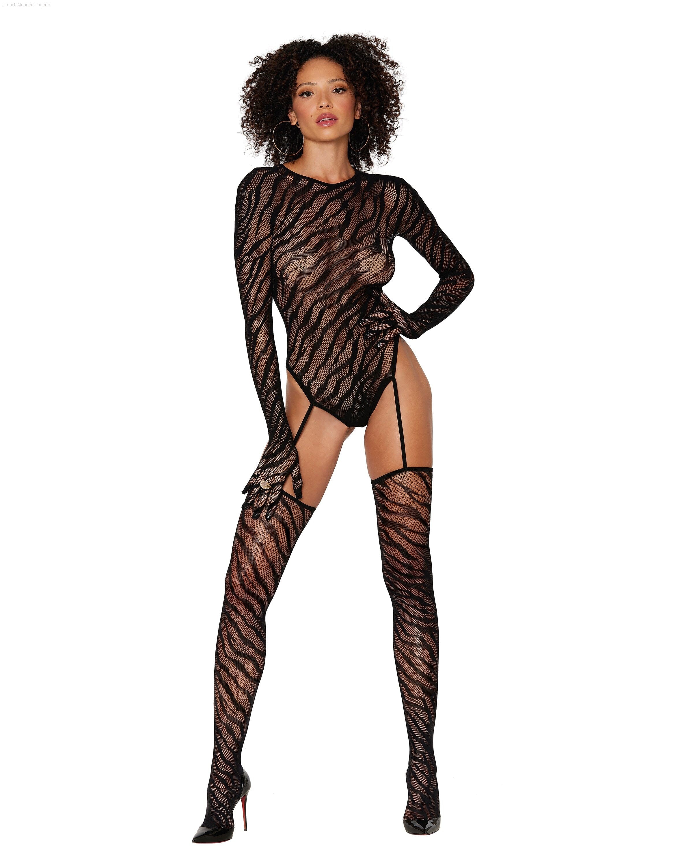 Dreamgirl Zebra Fishnet Teddy Bodystocking-French Quarter Lingerie