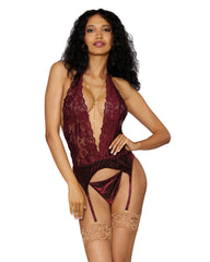 Dreamgirl Scallop Edge Lace and Stretch Velvet Short Garter Slip