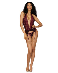 Dreamgirl Scallop Edge Lace and Stretch Velvet Short Garter Slip